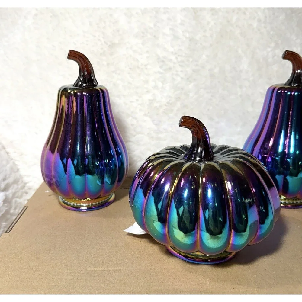 Set of 3 Dark Iridescent Glass Pumpkins Target Halloween - NEW